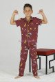 Kiremit Renk ve Sevimli Kediler Desenli Teknur 45640 Pamuk Önden Düğmeli Erkek Çocuk Pijama Takımı