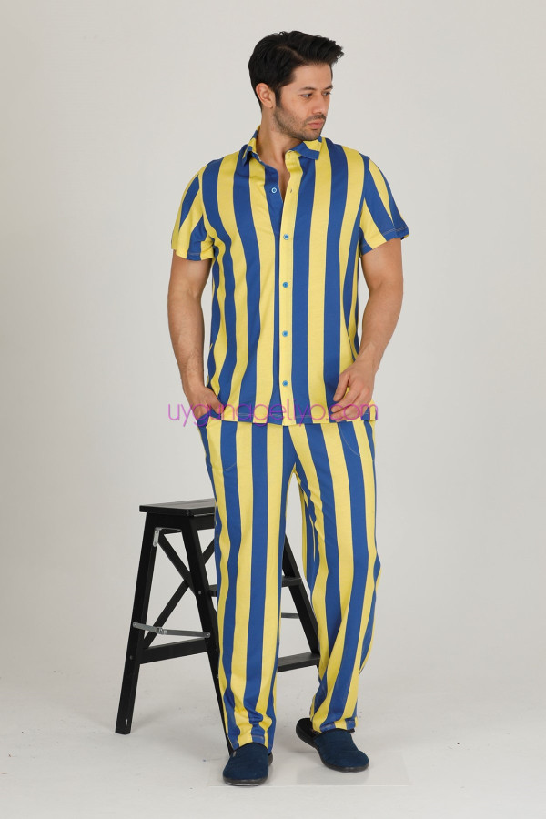 Sarı - Lacivert Renkli Çizgili Teknur 31501 Modal Kumaş Erkek Kısa Kol Pijama Takımı, TKRN-31501, Erkek Pijama Takımı