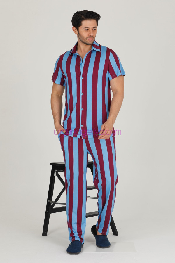 Bordo - Mavi Renkli Çizgili Teknur 31503 Modal Kumaş Erkek Kısa Kol Pijama Takımı, TKRN-31503, Erkek Pijama Takımı