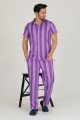 Lila - Mor Renkli Çizgili Teknur 31519 Modal Kumaş Erkek Kısa Kol Pijama Takımı