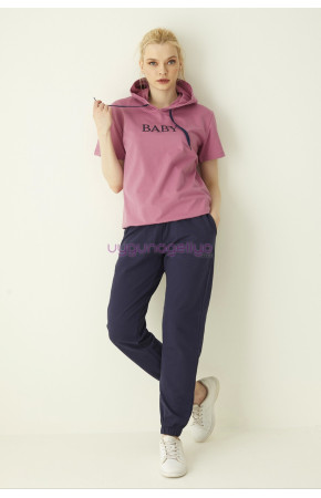 Pembe - Lacivert Renk Kısa Kol Kapüşonlu Teknur 16215 Kadın Spor Eşofman Takımı