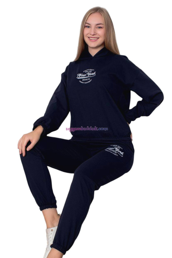 Lacivert Renk Uzun Kol ve  Kapüşonlu Teknur 2908 Kadın Spor Eşofman Takımı, QS-TKNR-2908-SM, Teknur Pijama Takımı, QS-TKNR-2908-SM