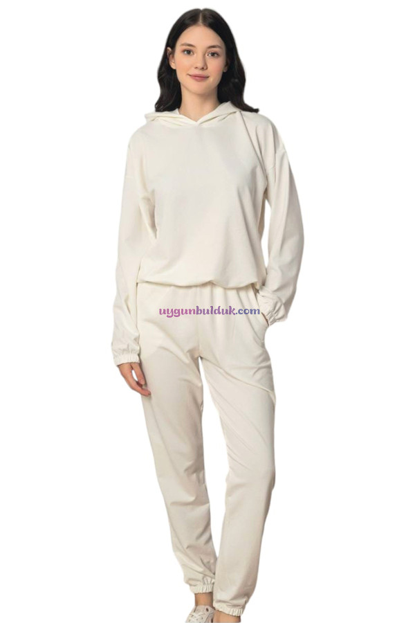 Krem Renk Uzun Kol ve  Kapüşonlu Teknur 2909 Kadın Spor Eşofman Takımı, QS-TKNR-2909-SM, Teknur Pijama Takımı, QS-TKNR-2909-SM