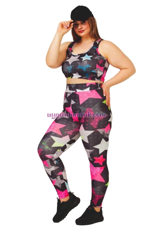 Karışık Renkli ve Yıldız Desenli Lady 1501 Kadın Yüksek Bel Büyük Beden Büstiyerli Taytlı Spor Takım, LADY-1501, Lady Pijama Takımı
