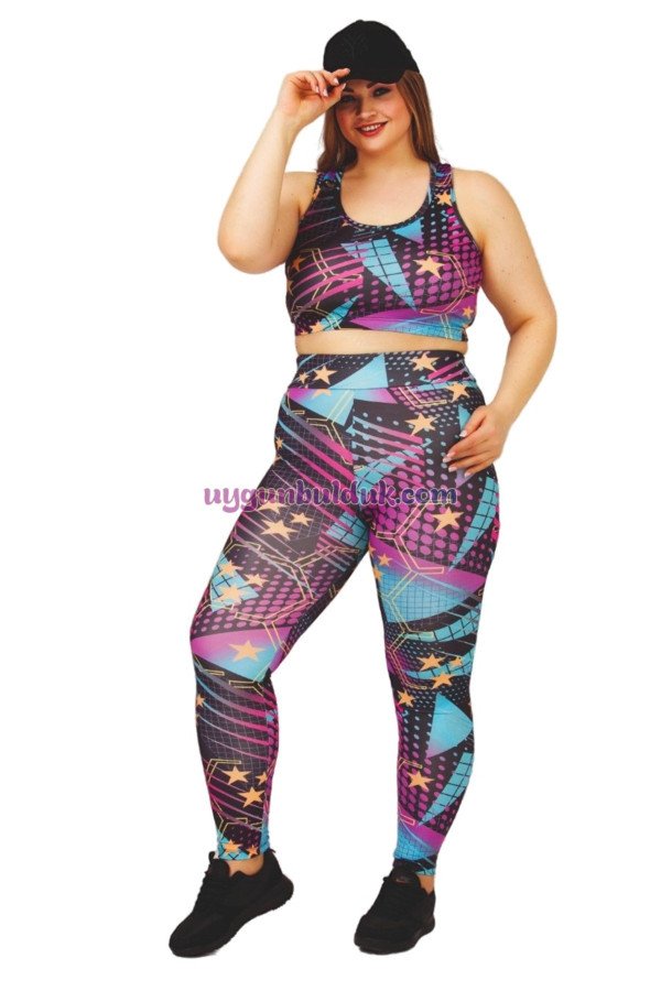 Karışık Renkli ve Desenli Lady 1502 Kadın Yüksek Bel Büyük Beden Büstiyerli Taytlı Spor Takım, LADY-1502, Lady Pijama Takımı