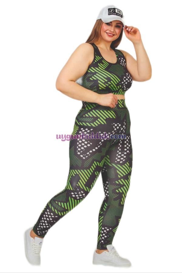 Yeşil Renkli ve Çizgili Desen Lady 1506 Kadın Yüksek Bel Büyük Beden Büstiyerli Taytlı Spor Takım