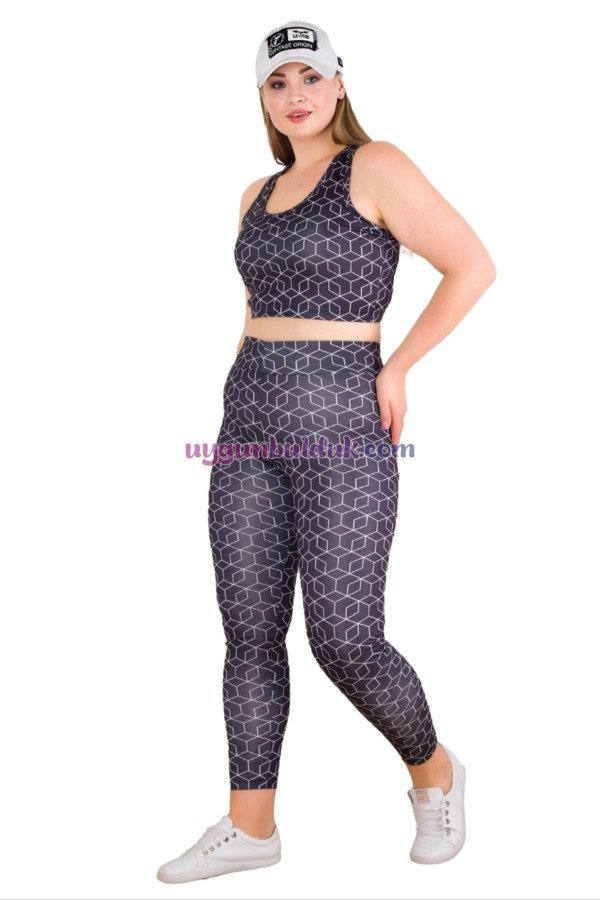 Siyah Renkli ve Desenli Lady 1509 Kadın Yüksek Bel Büyük Beden Büstiyerli Taytlı Spor Takım, LADY-1509, Lady Pijama Takımı