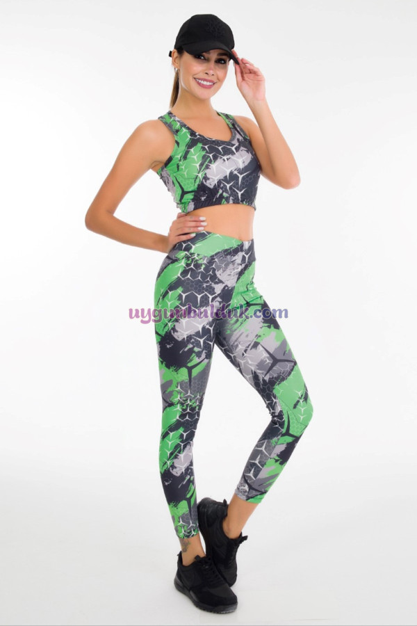 Yeşil Renkli ve Desenli Lady 3031 Kadın Büstiyerli Taytlı Spor Takım, LADY-3031, Lady Pijama Takımı