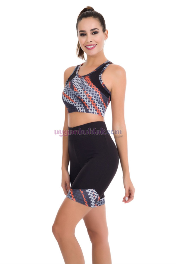 Siyah Renk Kırmızı - Beyaz Çizgili Lady 4006 Kadın Kısa Taytlı Büstiyerli Spor Takım, LADY-4006, Lady Pijama Takımı