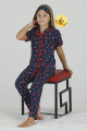 Lacivert Renk ve Çilek Desenli Teknur 40602 Pamuk Önden Düğmeli Kız Çocuk Pijama Takımı-Teknur