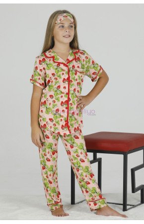 Somon Renk ve Çilek Desenli Teknur 40603 Pamuk Önden Düğmeli Kız Çocuk Pijama Takımı Somon Renk ve Çilek Desenli Teknur 40603 Pamuk Önden Düğmeli Kız Çocuk Pijama Takımı