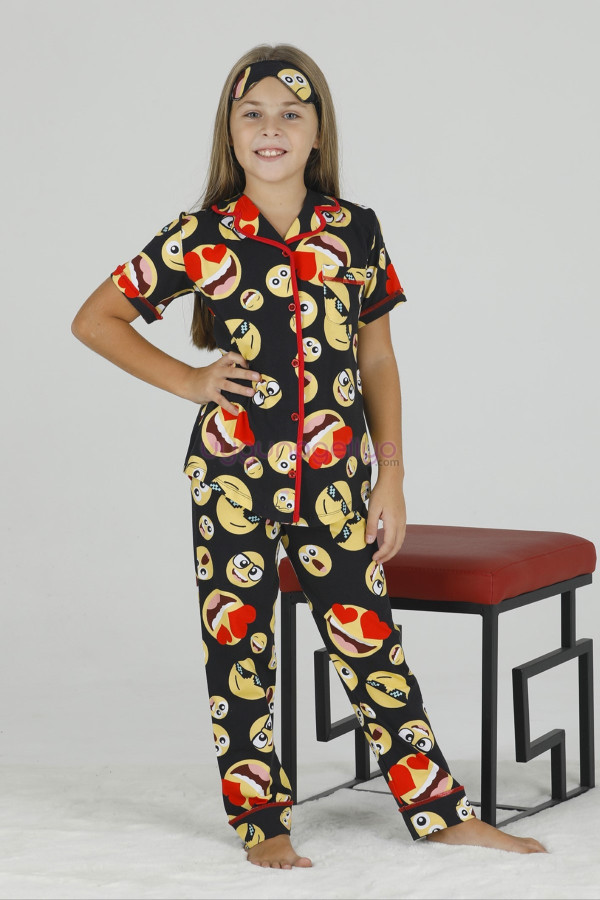 Siyah Renk ve Emoji Gülenyüz Desenli Teknur 40605 Pamuk Önden Düğmeli Kız Çocuk Pijama Takımı-Teknur