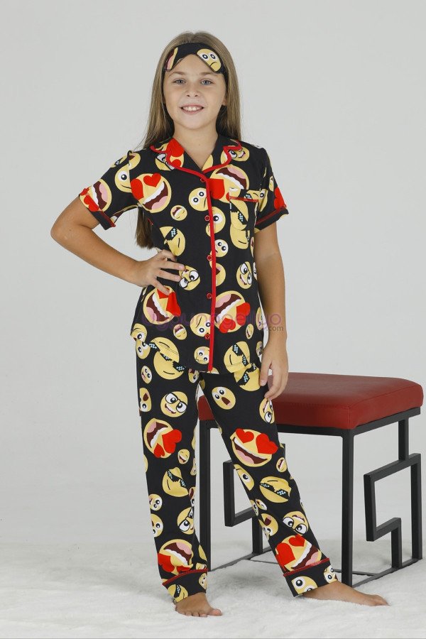 Siyah Renk ve Emoji Gülenyüz Desenli Teknur 40605 Pamuk Önden Düğmeli Kız Çocuk Pijama Takımı, Teknur-40605, Teknur Pijama Takımı