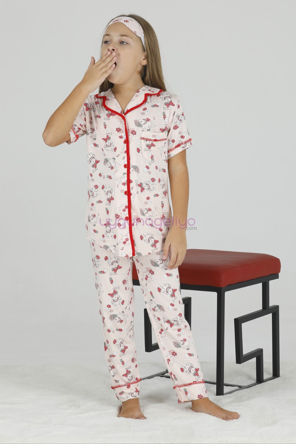 Krem Renk ve Kuzucuk Desenli Teknur 40609 Pamuk Önden Düğmeli Kız Çocuk Pijama Takımı-Teknur