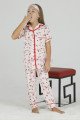 Krem Renk ve Kuzucuk Desenli Teknur 40609 Pamuk Önden Düğmeli Kız Çocuk Pijama Takımı