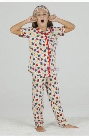 Gri Renk ve Çilek Desenli Teknur 40610 Pamuk Önden Düğmeli Kız Çocuk Pijama Takımı Gri Renk ve Çilek Desenli Teknur 40610 Pamuk Önden Düğmeli Kız Çocuk Pijama Takımı