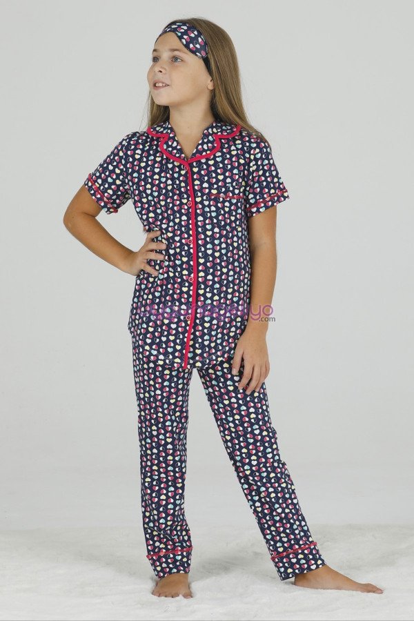 Lacivert Renk ve Renkli Kalpler Desenli Teknur 40613 Pamuk Önden Düğmeli Kız Çocuk Pijama Takımı, Teknur-40613, Teknur Pijama Takımı