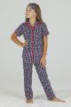 Lacivert Renk ve Renkli Kalpler Desenli Teknur 40613 Pamuk Önden Düğmeli Kız Çocuk Pijama Takımı