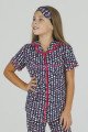 Lacivert Renk ve Renkli Kalpler Desenli Teknur 40613 Pamuk Önden Düğmeli Kız Çocuk Pijama Takımı, Teknur-40613, Teknur Pijama Takımı
