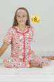 Somon Renk ve Kuzu Desenli Teknur 40614 Pamuk Önden Düğmeli Kız Çocuk Pijama Takımı-Teknur