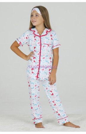 Beyaz Renk ve Kelebek Desenli Teknur 40616 Pamuk Önden Düğmeli Kız Çocuk Pijama Takımı