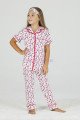 Kırmızı - Beyaz ve Kalp Desenli Teknur 40621 Pamuk Önden Düğmeli Kız Çocuk Pijama Takımı