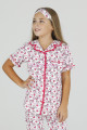 Kırmızı - Beyaz ve Kalp Desenli Teknur 40621 Pamuk Önden Düğmeli Kız Çocuk Pijama Takımı-Teknur