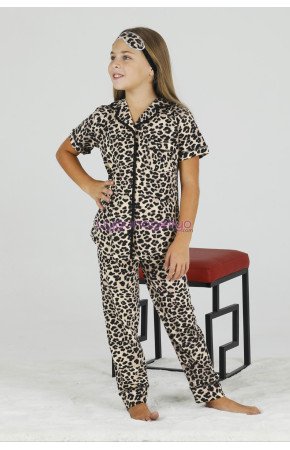 Sarı Renk ve Leopar Desenli Teknur 40622 Pamuk Önden Düğmeli Kız Çocuk Pijama Takımı