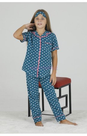Koyu Mavi Renk ve Puantiye Desenli Teknur 40625 Pamuk Önden Düğmeli Kız Çocuk Pijama Takımı Koyu Mavi Renk ve Puantiye Desenli Teknur 40625 Pamuk Önden Düğmeli Kız Çocuk Pijama Takımı