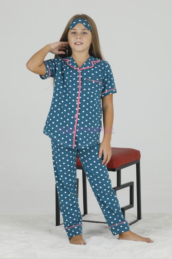 Koyu Mavi Renk ve Puantiye Desenli Teknur 40625 Pamuk Önden Düğmeli Kız Çocuk Pijama Takımı Koyu Mavi Renk ve Puantiye Desenli Teknur 40625 Pamuk Önden Düğmeli Kız Çocuk Pijama Takımı, Teknur-40625, Teknur Pijama Takımı