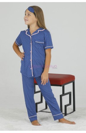 Mavi Renk ve Puantiye Desenli Teknur 40629 Pamuk Önden Düğmeli Kız Çocuk Pijama Takımı Mavi Renk ve Puantiye Desenli Teknur 40629 Pamuk Önden Düğmeli Kız Çocuk Pijama Takımı