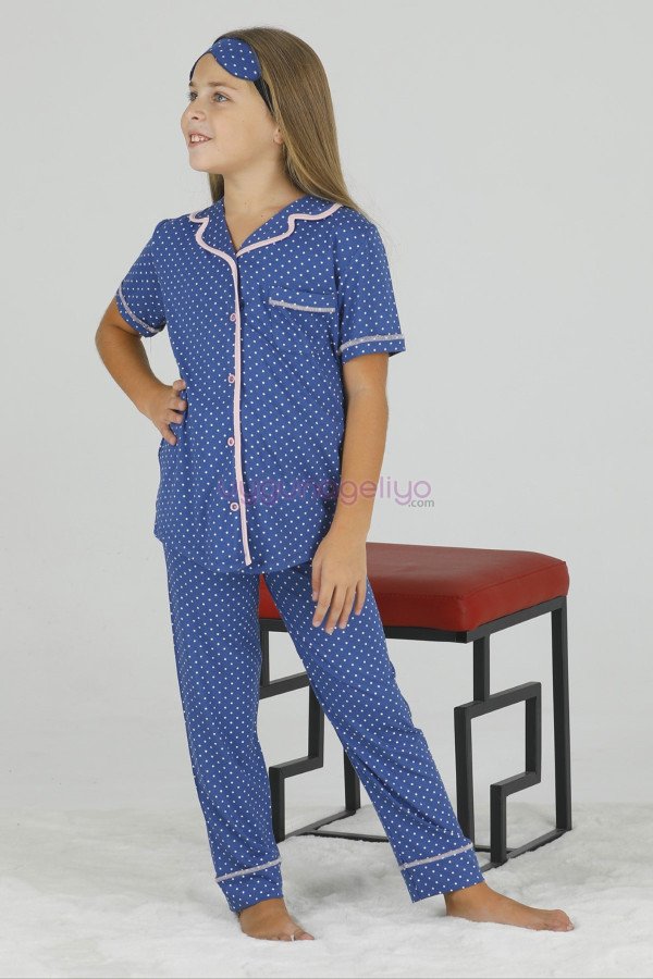 Mavi Renk ve Puantiye Desenli Teknur 40629 Pamuk Önden Düğmeli Kız Çocuk Pijama Takımı, Teknur-40629, Teknur Pijama Takımı