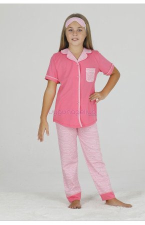 Nar Çiçeği Renk ve Çizgili Desenli Teknur 40633 Pamuk Önden Düğmeli Kız Çocuk Pijama Takımı Nar Çiçeği Renk ve Çizgili Desenli Teknur 40633 Pamuk Önden Düğmeli Kız Çocuk Pijama Takımı