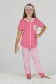 Nar Çiçeği Renk ve Çizgili Desenli Teknur 40633 Pamuk Önden Düğmeli Kız Çocuk Pijama Takımı
