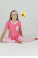 Nar Çiçeği Renk ve Çizgili Desenli Teknur 40633 Pamuk Önden Düğmeli Kız Çocuk Pijama Takımı-Teknur