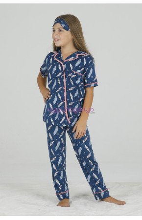 Mavi Renk ve Kuş Tüğü Desenli Teknur 40638 Pamuk Önden Düğmeli Kız Çocuk Pijama Takımı Mavi Renk ve Kuş Tüğü Desenli Teknur 40638 Pamuk Önden Düğmeli Kız Çocuk Pijama Takımı