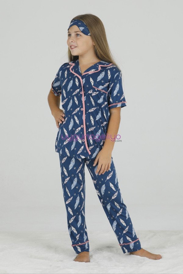 Mavi Renk ve Kuş Tüğü Desenli Teknur 40638 Pamuk Önden Düğmeli Kız Çocuk Pijama Takımı Mavi Renk ve Kuş Tüğü Desenli Teknur 40638 Pamuk Önden Düğmeli Kız Çocuk Pijama Takımı, Teknur-40638, Teknur Pijama Takımı