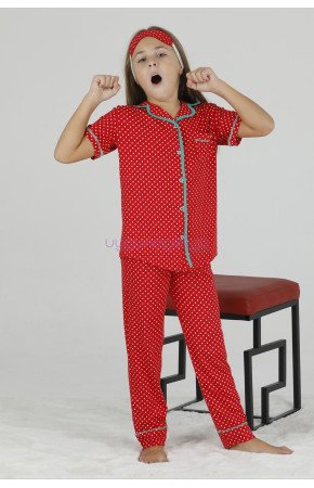 Kırmızı Renk ve Puantiye Desenli Teknur 40643 Pamuk Önden Düğmeli Kız Çocuk Pijama Takımı Kırmızı Renk ve Puantiye Desenli Teknur 40643 Pamuk Önden Düğmeli Kız Çocuk Pijama Takımı