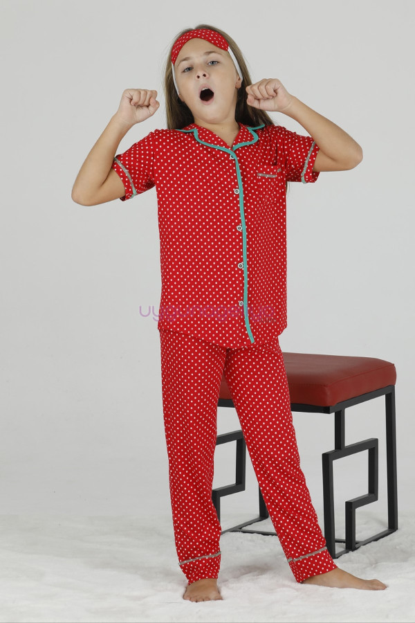 Kırmızı Renk ve Puantiye Desenli Teknur 40643 Pamuk Önden Düğmeli Kız Çocuk Pijama Takımı-Teknur