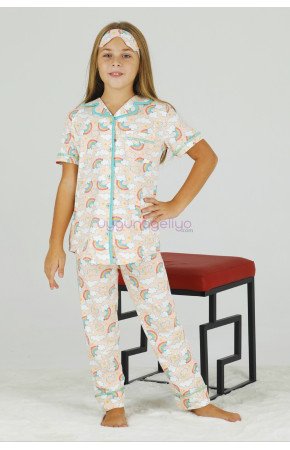 Krem Renk ve Gökkuşağı DesenliTeknur 40644 Pamuk Önden Düğmeli Kız Çocuk Pijama Takımı Krem Renk ve Gökkuşağı DesenliTeknur 40644 Pamuk Önden Düğmeli Kız Çocuk Pijama Takımı