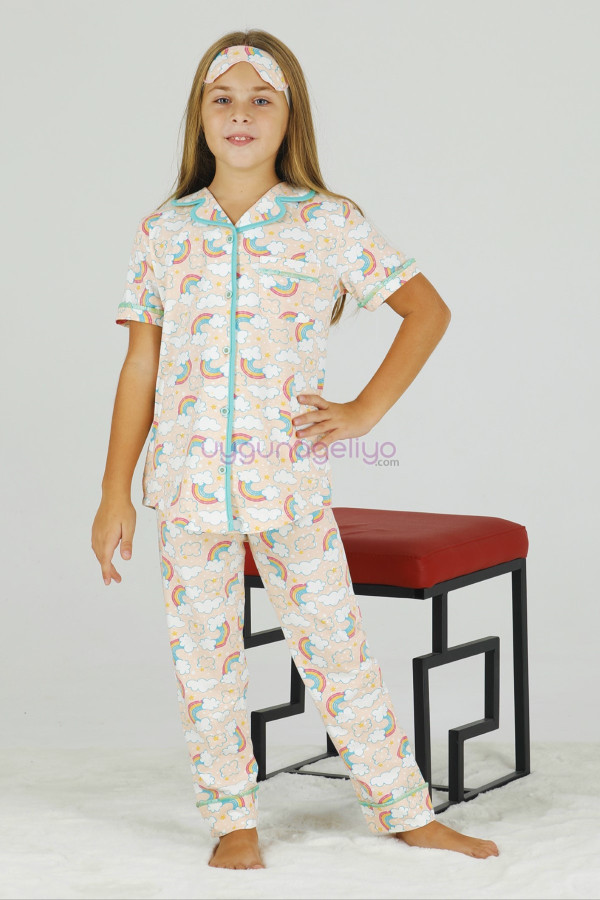 Krem Renk ve Gökkuşağı DesenliTeknur 40644 Pamuk Önden Düğmeli Kız Çocuk Pijama Takımı-Teknur