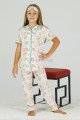 Krem Renk ve Gökkuşağı DesenliTeknur 40644 Pamuk Önden Düğmeli Kız Çocuk Pijama Takımı