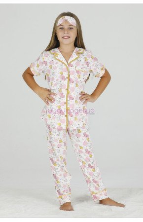 Beyaz Renk ve Kedi Desenli Teknur 40645 Pamuk Önden Düğmeli Kız Çocuk Pijama Takımı Beyaz Renk ve Kedi Desenli Teknur 40645 Pamuk Önden Düğmeli Kız Çocuk Pijama Takımı