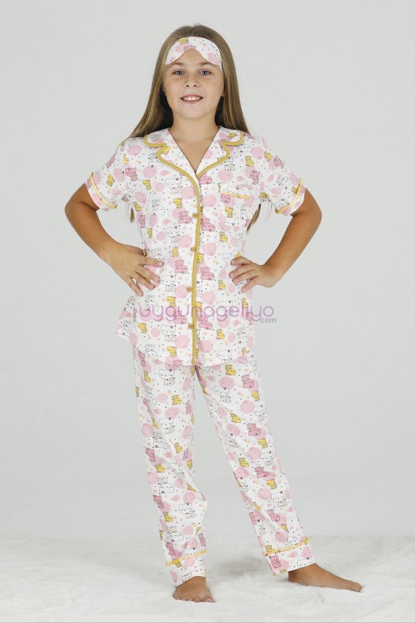 Beyaz Renk ve Kedi Desenli Teknur 40645 Pamuk Önden Düğmeli Kız Çocuk Pijama Takımı Beyaz Renk ve Kedi Desenli Teknur 40645 Pamuk Önden Düğmeli Kız Çocuk Pijama Takımı, TKNR-40645-45, Teknur Pijama Takımı, TKNR-40645-45