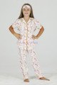 Beyaz Renk ve Kedi Desenli Teknur 40645 Pamuk Önden Düğmeli Kız Çocuk Pijama Takımı