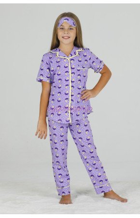 Lila Renk ve Ay Yıldız Desenli Teknur 40647 Pamuk Önden Düğmeli Kız Çocuk Pijama Takımı Lila Renk ve Ay Yıldız Desenli Teknur 40647 Pamuk Önden Düğmeli Kız Çocuk Pijama Takımı