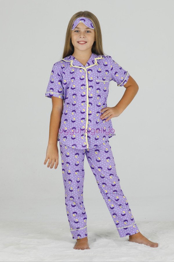Lila Renk ve Ay Yıldız Desenli Teknur 40647 Pamuk Önden Düğmeli Kız Çocuk Pijama Takımı Lila Renk ve Ay Yıldız Desenli Teknur 40647 Pamuk Önden Düğmeli Kız Çocuk Pijama Takımı, Teknur-40647, Teknur Pijama Takımı