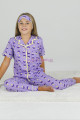 Lila Renk ve Ay Yıldız Desenli Teknur 40647 Pamuk Önden Düğmeli Kız Çocuk Pijama Takımı-Teknur