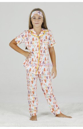 Beyaz Renk ve Ayıcık DesenliTeknur 40650 Pamuk Önden Düğmeli Kız Çocuk Pijama Takımı Beyaz Renk ve Ayıcık DesenliTeknur 40650 Pamuk Önden Düğmeli Kız Çocuk Pijama Takımı