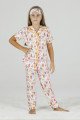 Beyaz Renk ve Ayıcık DesenliTeknur 40650 Pamuk Önden Düğmeli Kız Çocuk Pijama Takımı